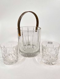 (A-38) VINTAGE CRYSTAL ICE BUCKET WITH HANDLE & PAIR OF CRYSTAL WATERFORD HIGHBALL GLASSES