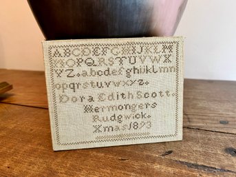 (K) SMALL PRIMITIVE NEEDLEWORK SAMPLER -'DORA EDITH SCOTT XMAS 1893' HAND SEWN - 6' BY 5'