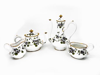 (LIB-14) VINTAGE FINE CHINA CROWN STAFFORDSHIRE PANSIES TEA/COFFEE SET WITH TWO POTS, SUGAR & CREAMER - REPAIR