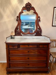 (HALL) ANTIQUE MARBLE TOP CHEST OF DRAWERS WITH MATCHING MIRROR - VICTORIAN, FROM BELGIUM - EXCELLENT SHAPE