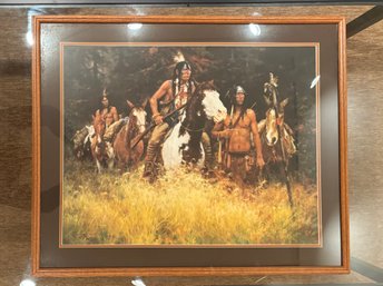 (B-2) HOWARD TERPNING (1927-) 'THE WARNING' NATIVE AMERICAN HAND SIGNED PRINT, 916/1650-  FRAMED, 34' BY 28'