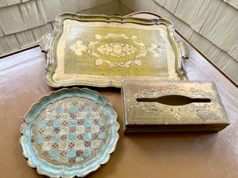 (X497) TRIO OF VINTAGE ITALIAN WOOD TOLE WARE, TWO TRAYS & TISSUE BOX - 10'-12'