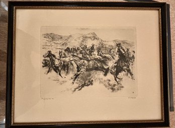 (B-6) ORIGINAL VINTAGE REINHOLD PALENSKE (1884-1954) ETCHING - 'BRINGING 'EM IN' WESTERN HORSES - 17' BY 14'