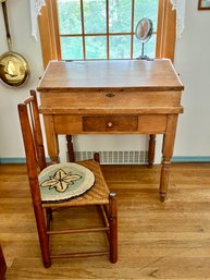 (BD3) ANTIQUE ENGLISH HAND CRAFTED WOOD SECRETARY DESK & RUSH SEAT CHAIR -  40' BY 41' BY 20'