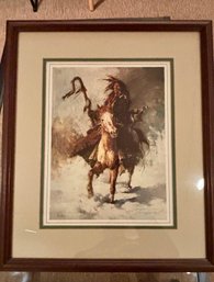 (B-8) HOWARD TERPNING (1927-) 'STAFF CARRIER' NATIVE AMERICAN SIGNED PRINT, 249/1250-FRAMED, 17' BY 20'