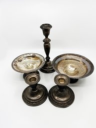 (J-24) LOT OF 5 WEIGHTED STERLING SILVER ITEMS-3 CANDLE STICK HOLDERS AND 2 CANDY DISHES