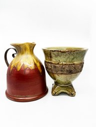 (LIB-26) TWO CERAMIC GLAZED DECORATIVE PIECES, PITCHER W/METAL HANDLE & FOOTED PLANTER - CAN BE SHIPPED