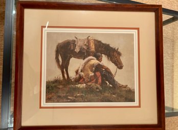 (B-14) HOWARD TERPNING (1927-) 'WATCHING THE COLUMN' NATIVE AMERICAN SIGNED PRINT, 218/1650-FRAMED, 19' BY 16'