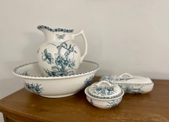 (BD-3) ANTIQUE BOCH, BELGIUM 'ANEMONE' IRONSTONE VANITY SET -BASIN & PITCHER, POWDER JAR &  LIDDED BOX-10'-14'