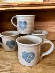 (DR) SET OF FOUR 'E BROWER' VINTAGE ART POTTERY SPONGE WARE HEART COFFEE MUGS - 4.5'