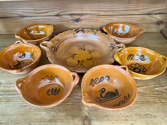 (DR) HAND CRAFTED MEXICAN POTTERY SALAD SET WITH SERVING BOWL & SIX SMALLER BOWLS - 6' - 11'