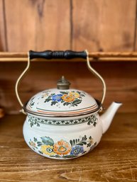 (DR) ASTA ENAMEL TEA POT, PRE OWNED C. 1960'S WITH FLORAL PATTERN - 9'