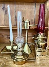 (DR) UNIQUE COLLECTION OF FIVE ANTIQUE BRASS PIECES - LANTERNS, CANDLE STICKS, IRON - 4' - 14'