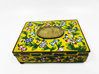 (A-25) ANTIQUE CHINESE CLOISSONE TRINKET BOX - BEAUTY WITH JADE? MEDALLION & GREEN INTERIOR -6' X 4' X 1 3/4'