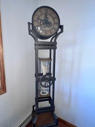 HOWARD MILLER HOURGLASS FLOOR CLOCK - STEAMPUNK DESIGN AGED IRON STRUCTURE - ROMAN NUMERALS- 77' BY 19' BY 18'