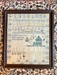 (DEN-42) CHARMING ANTIQUE MOTTO SAMPLER FROM 1822 WITH BLUE HOUSE- '... WHEN I AM IN ETERNITY' -29' BY 26'