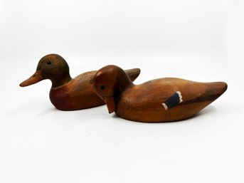 (A-31) PAIR OF VINTAGE WOOD DUCK DECOYS SIGNED 'J. FITZGERALD' - 8' & 8 1/2'