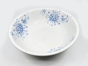 (A-38) VINTAGE SEMI PORCELAIN BLUE AND WHITE BOWL-J.H.W & SONS-HANLEY ENGLAND-15' ROUND X 5' TALL