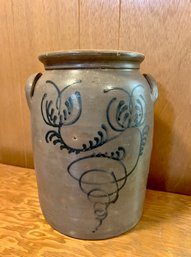 (B-8) ANTIQUE 2 GALLON DECORATED STONEWARE JUG, SEE DAMAGE - 12' BY 8'