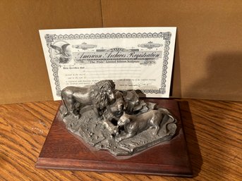 (B1-48) INTERNATIONAL SILVER CO. LION PRIDE PEWTER SCULPTURE BY IRMA ANDREWS WITH BROCHURE - 10.5' BY 7'