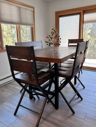 (K) RAYMOUR CONTEMPORARY HIGHTOP DINING TABLE WITH FOUR CHAIRS & BENCH - INDUSTRIAL METAL & DARK PINE WOOD -50