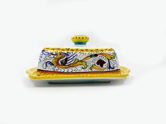 (A-52) VINTAGE HAND PAINTED BUTTER DISH-FINA DERUTA-ITALY-APPROX. 8' X 5' X 4'