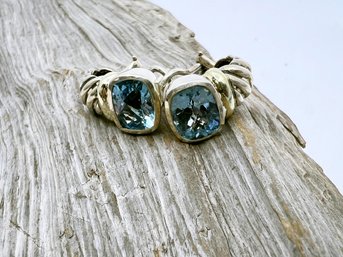 (J-7) VINTAGE STERLING SILVER & 14 KARAT GOLD BLUE TOPAZ EARRINGS -WITH POUCH AS SHOWN-CAN BE SHIPPED