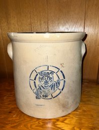 (B-11) ANTIQUE LION DECORATED STONEWARE CROCK - F T WRIGHT & SON, TAUTON MASS.- SEE CRACK- 4 GALLON-12' BY 12'