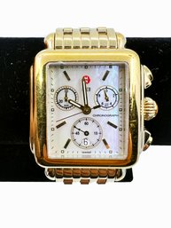 (J-8) MICHELE DECO STAINLESS STEEL YELLOW CHRONOGRAPH LADIES WATCH W/MOTHER OF PEARL FACE -SWISS, NEEDS BATTER