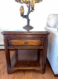 PAIR OF THOMASVILLE SIDE TABLES WITH DRAWER, MARQUETRY STRINGING & CUSTOM GLASS TOPS -PERFECT -26' BY 26'BY28'