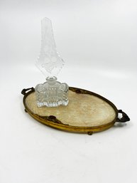 (A-57) ANTIQUE LACE & GLASS VANITY TRAY & SIGNED CZECHOSLOVAKIA PERFUME BOTTLE