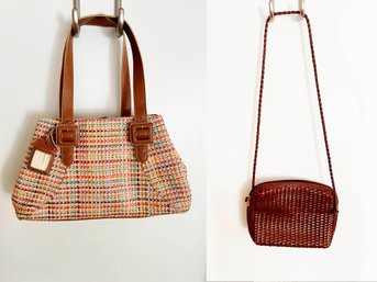 (A-135) VINTAGE PAIR OF LADIES HANDBAGS-LIZ CLAIBORNE MULTI COLOR & CEM WOVEN BROWN LEATHER