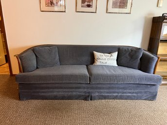 (B) VINTAGE BROYHILL WOOD FRAME SOFA, BLUE GRAY UPHOLSTERY  - 84'L BY 36'H BY 24' D