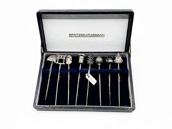 (A-6) ANTIQUE SET OF 8 STERLING SILVER ASIAN THEMED HAIR PINS BY SPRITZER FUHRMANN - ORIGINAL CASE