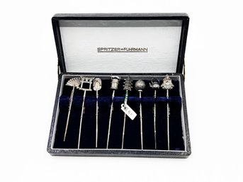 (A-6) VINTAGE SET OF 8 STERLING SILVER ORIENTAL THEMED HAIR PINS BY SPRITZER FUHRMANN-ORIGINAL CASE