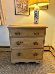 (B) VINTAGE WOOD THREE DRAWER DRESSER, HAND CRAFTED - 34' BY 28' BY 19'