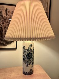 (B) VINTAGE DELFT, HOLLAND HAND PAINTED LAMP WITH SHADE - 34' WITH PLEATED SHADE