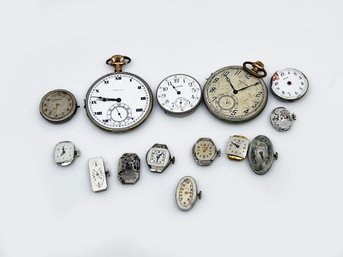 (A-11) VINTAGE LOT OF 14 MECHANICAL WATCH PARTS-HAMILTON, WALTHAM, GENEVE, TRAMWAY, BENRUS, MORE-AS IS