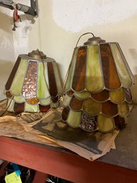 (B) SEVEN VINTAGE 1960'S HANGING STAINED GLASS LIGHTS FROM 'MAIN MAID INN'- 12' BY 12' EA.