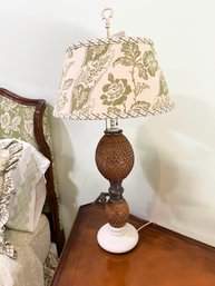 (BD-2) VINTAGE & UNIQUE TABLE LAMP WITH CANING & FAUCET DETAIL - W/SHADE-APPROX. 33' X 16' X 5'