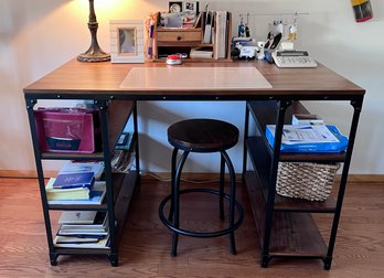(Q-2) LIKE NEW INDUSTRIAL STYLE HIGH TOP DESK WITH SIDE BOOK SHELVES & STOOL- No Contents -65'W BY 50'H BY 36'
