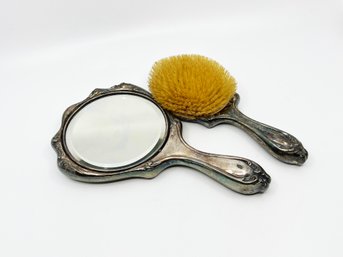 (J-26) ANTIQUE ART NOUVEAU STERLING SILVER HAND MIRROR AND BRUSH SET-ENGRAVED