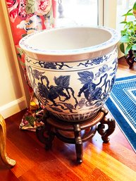 (DEN-3) LARGE CERAMIC BLUE AND WHITE PLANT POT W/WOOD BASE-APPROX. 22' TALL W/BASE & 16' ACROSS