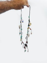(J-2) ONE OF A KIND ARTIST CHARM NECKLACE W/TURQUOISE-BUFFALO NICKELS, SHELL, CORAL-APPROX. 14'