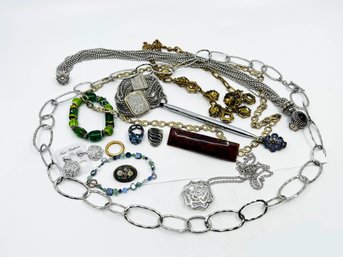 (J-6) LARGE LOT OF COSTUME JEWELRY-PEN, RINGS, EARRINGS BRACELETS AND NECKLACES