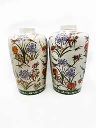 (A9) PAIR OF LARGE PAINTED ASIAN STYLE VASES - FLORALS - APPROX. 12 1/2' TALL EACH