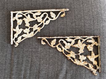 (A-29) PAIR OF ANTIQUE DECORATIVE CAST IRON BRACKETS-PAINTED WHITE-APPROX. 13' X 7' EACH