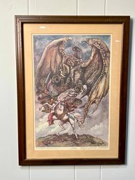 (B-65) VINTAGE 1976 FANTASY ART BY JUDY KING RIENIETS 'THE DEATH OF THE KING'- 115/500 - 16' BY 22'