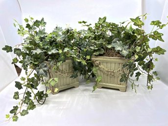 (A20) PAIR OF DECORATIVE CERAMIC PLANTERS WITH SILK LEAVES - APPROX. 5' TALL