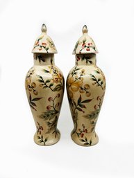 (A23) MATCHING PAIR OF DECORATIVE TALL GINGER JARS WITH LIDS - HAND PAINTED CERAMIC  -'ORIENTAL ACCENT' -14'